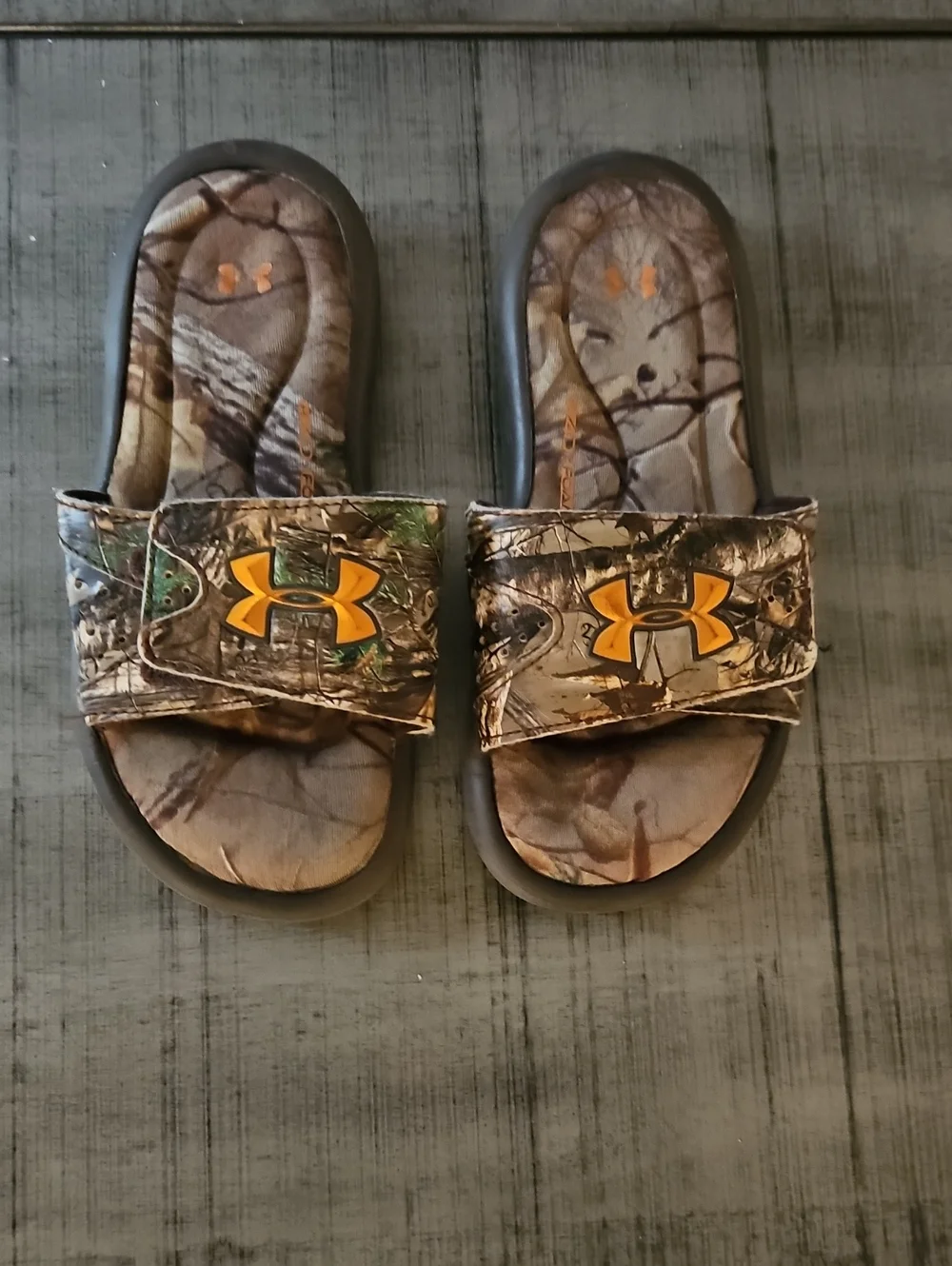 Under Armour Kids Camo Slide Sandals with Orange Logo